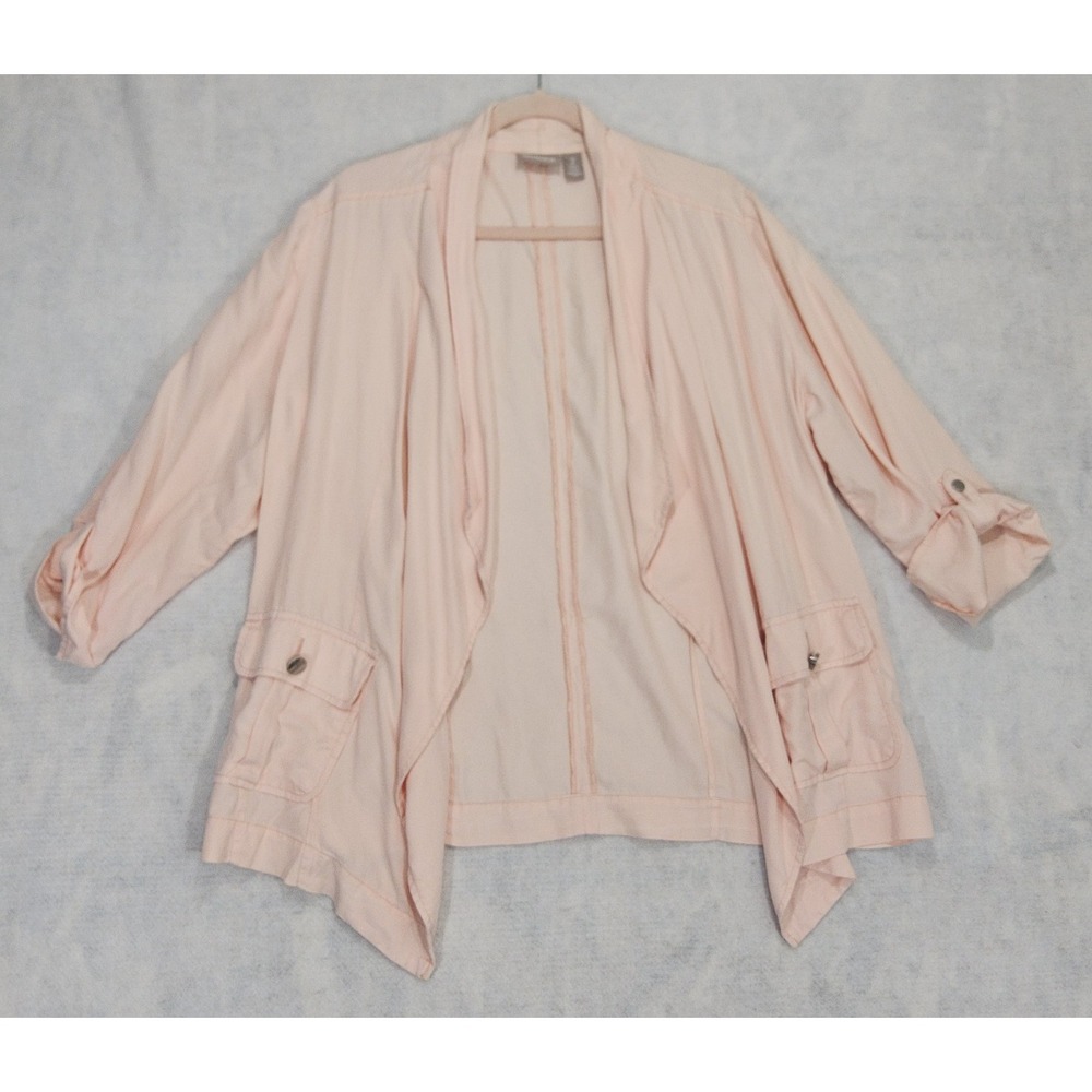 Chicos Tencel Jacket 2 US L 12 Drape Open Front Spring Lightweight Blazer Pink